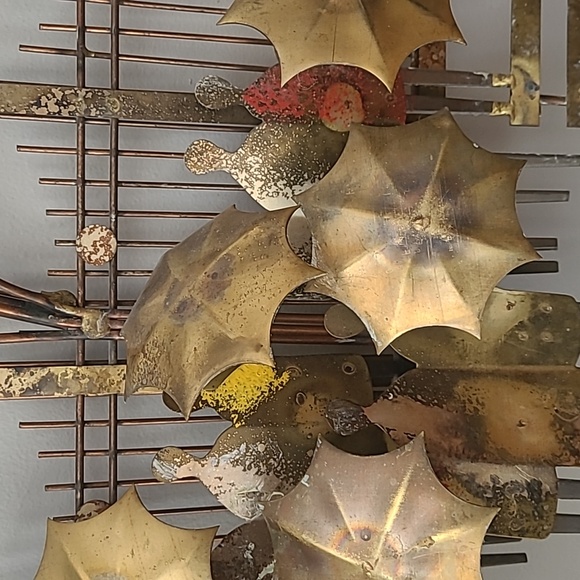 Vintage 1970 Signed Curtis Jere Metal Umbrella Rainy Day Bus Stop Wall Hanging - Picture 5 of 16